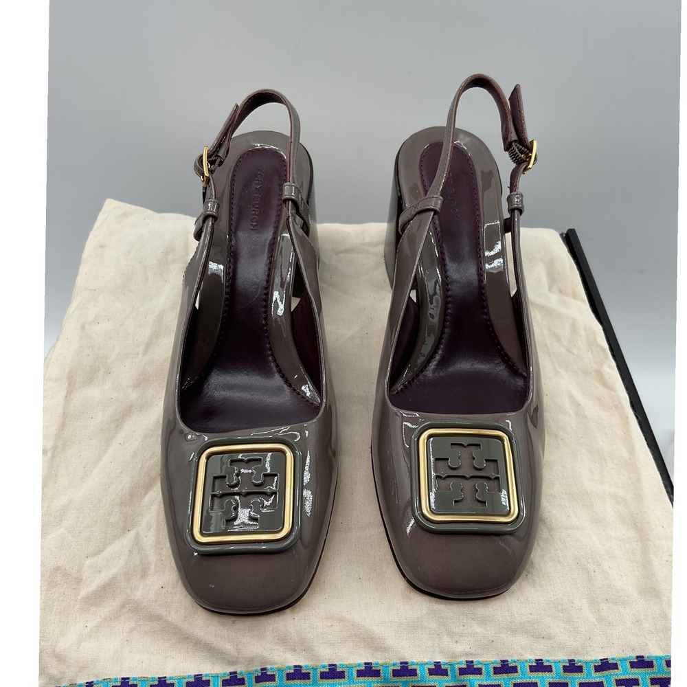 Tory Burch Eleanor Grey Patent Leather Block Heel Slingback Pumps Square Toe